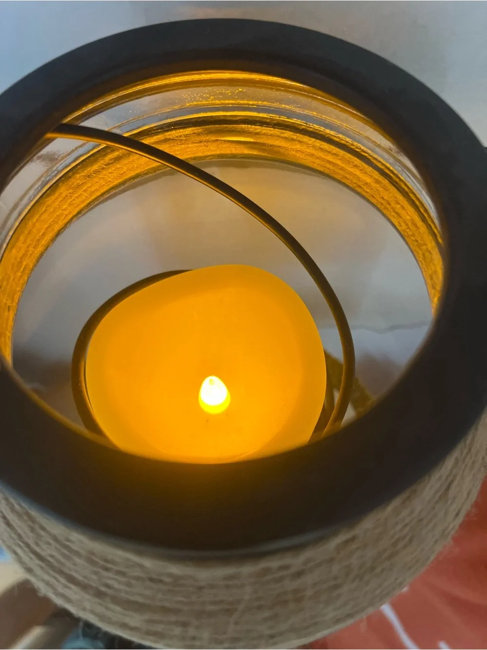 Hanging Coastal Lantern with Rope Handle - Yellow Candle Accent